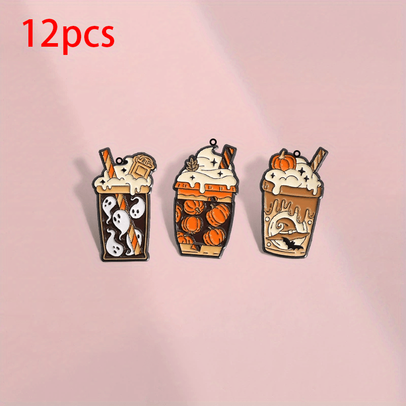 TEMU 2d Flat, 2d Acrylic 12pcs Cartoon Orange Pumpkin Lantern And Series Acrylic Accessory Set, Fun Halloween Drink-shaped Cartoon Earrings,