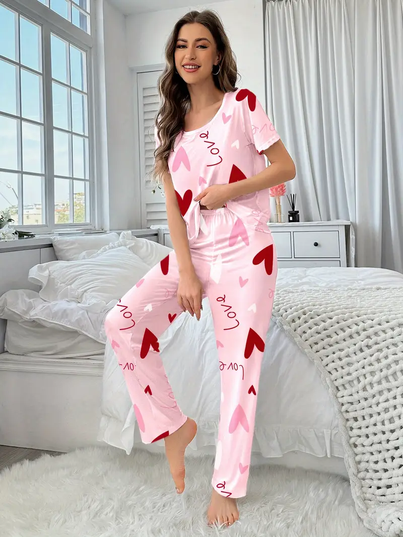 3 sets of 6pcs womens casual polyester white pink top and long pants pajama set heart print fabric short sleeve top with trousers casual loungewear sexy outside Product details 1