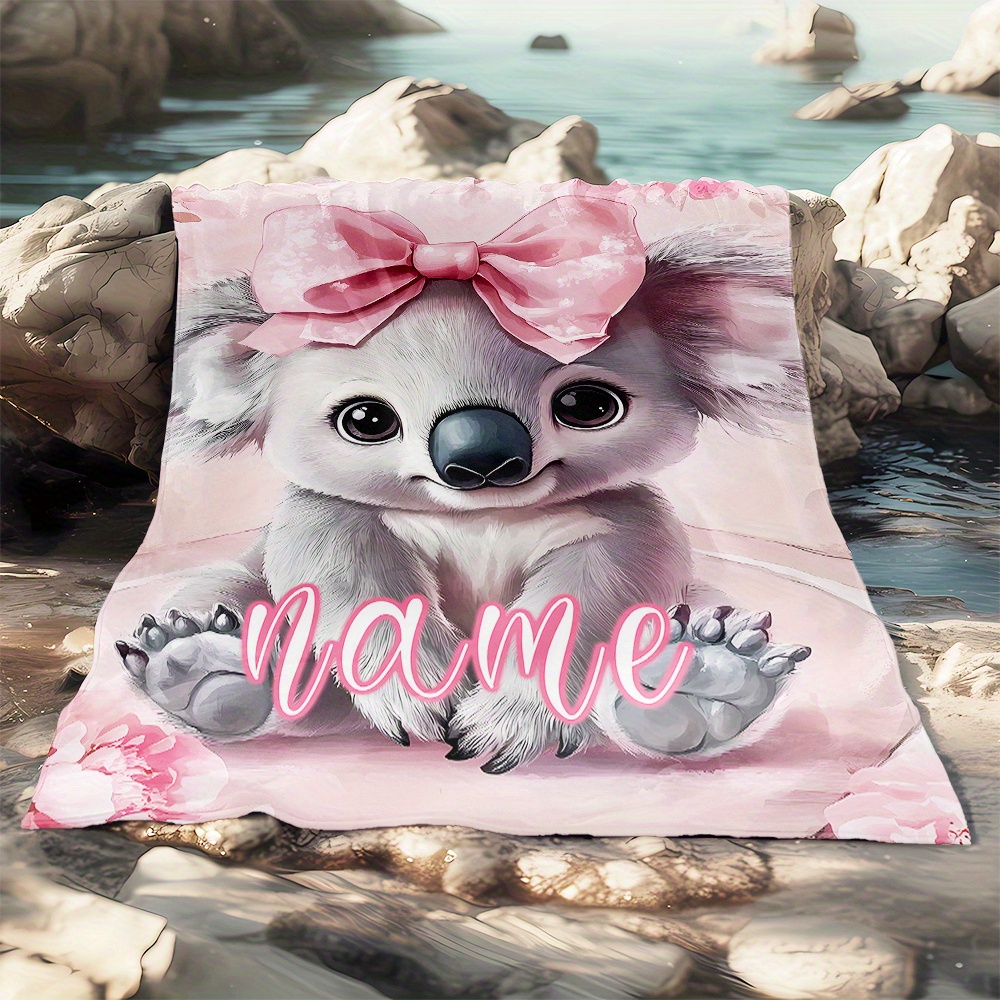 Personalized Pink Cute Koala Travel Blanket, Lightweight Flannel