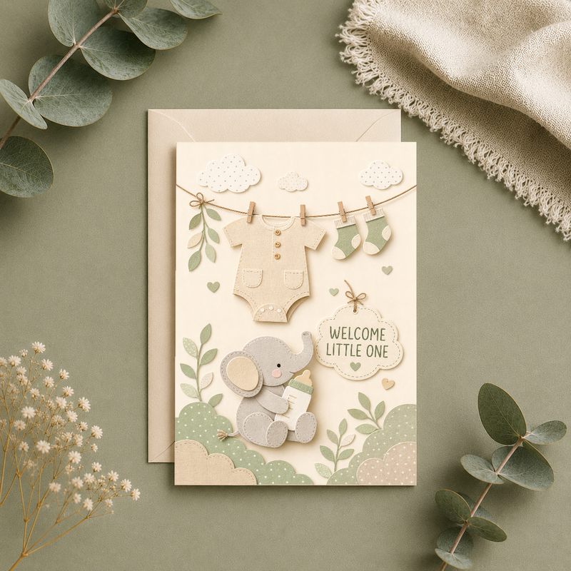 TEMU Welcome Little 1 Adorable Paper Craft Baby Shower Card With 2d Flat Effect For New Parents, Featuring Cute Elephant And Hanging Onesie, Perfect