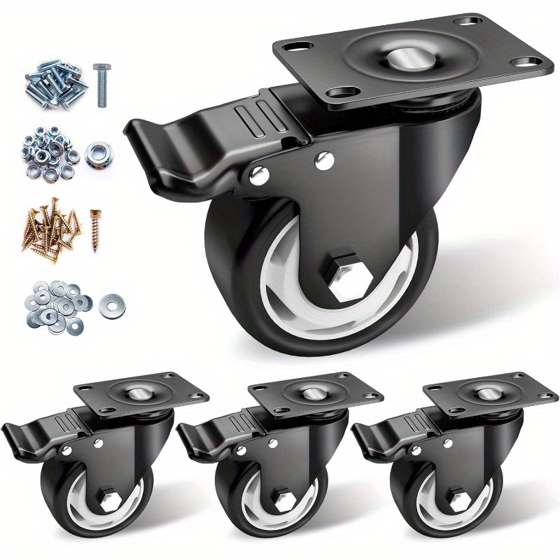 TEMU Set Of 4 Heavy-duty Locking Industrial Caster Wheels With 360° Quiet-rolling Polyurethane (pu) Tire, Swivel Plate & - 3-inch Wide Base For