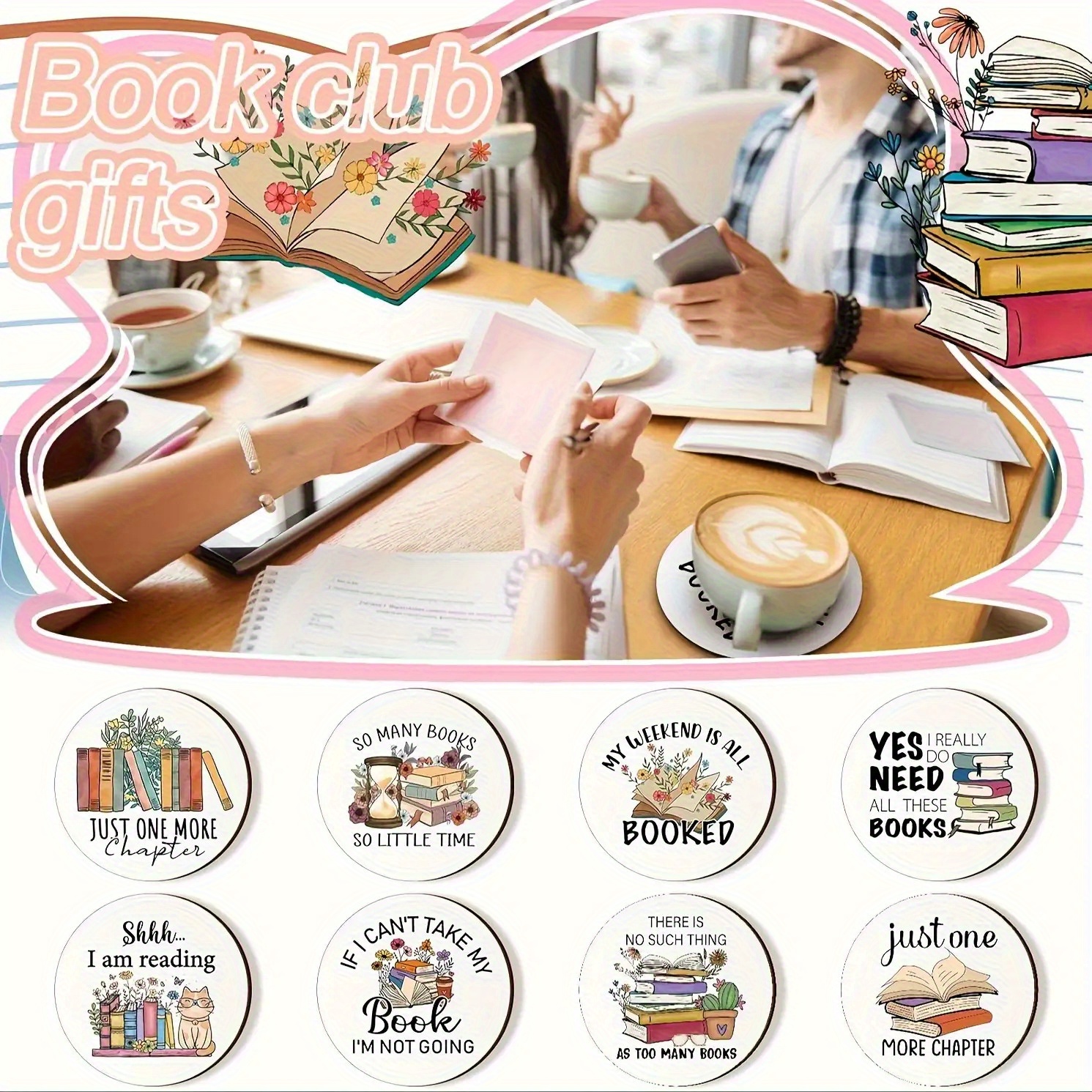 Image of 8 Book Coasters, Wooden Coffee Coaster Gifts Suitable Book Lovers, Librarians, Group Library Decoration Supplies