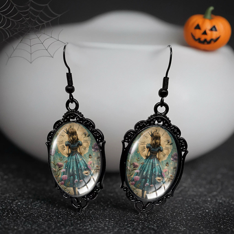 TEMU 1 Pair Vintage Clock Black Lace Earrings Oval Drop Earrings Handmade Jewelry Gift