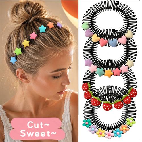 4pcs set of star heart strawberry and flower decorated flexible black spring hair combs sweet and cute candy style non slip bangs fixing hair suitable for daily