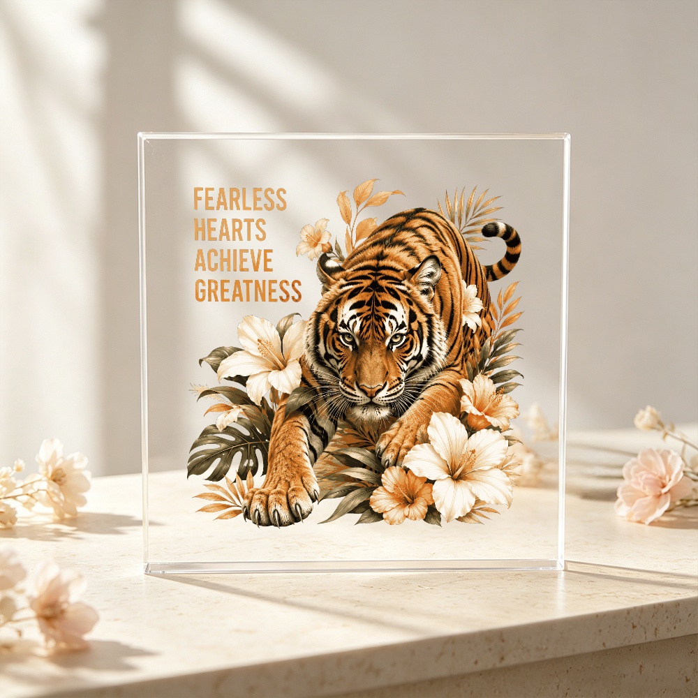 TEMU 2d Flat, Clear Tiger-themed Acrylic Block Plaque - Square Freestanding Tabletop Decor With Tiger Artwork, Suitable For Home Office Desk Shelf