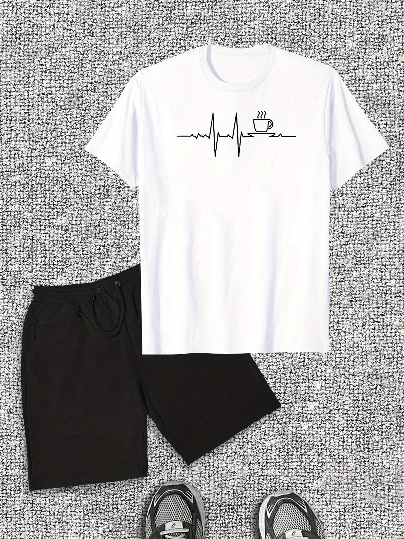 Men's Coffee Signal Pattern Short Sleeve T-Shirt Shorts Casual Set