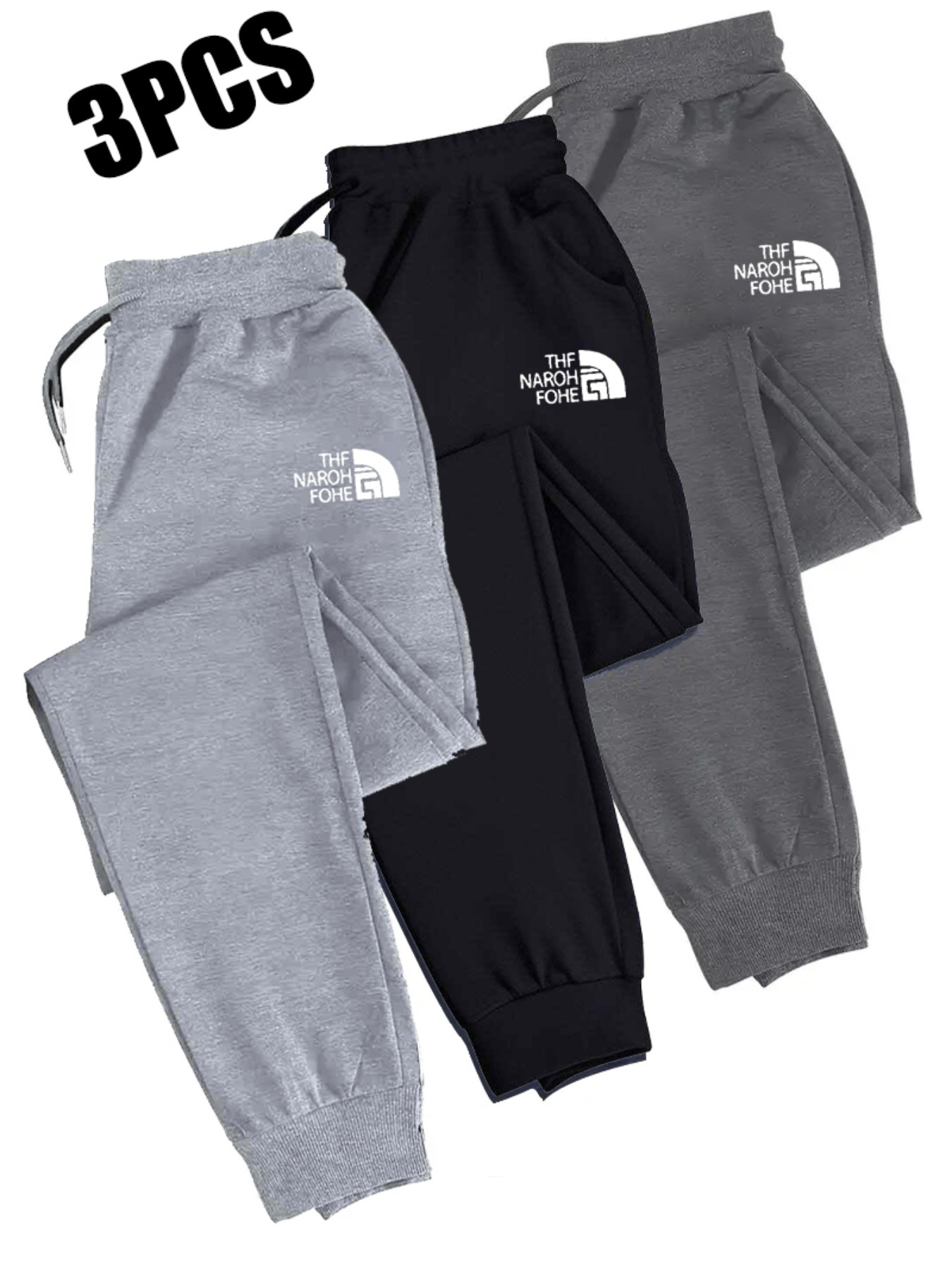 3pcs Men'S Casual Joggers with Elastic Drawstring Waist & Cuffed Ankles - 100% Polyester Knit, Loose Fit Print Athletic Pants for Gym, Running, All-Season Comfort (Grey/Navy/)