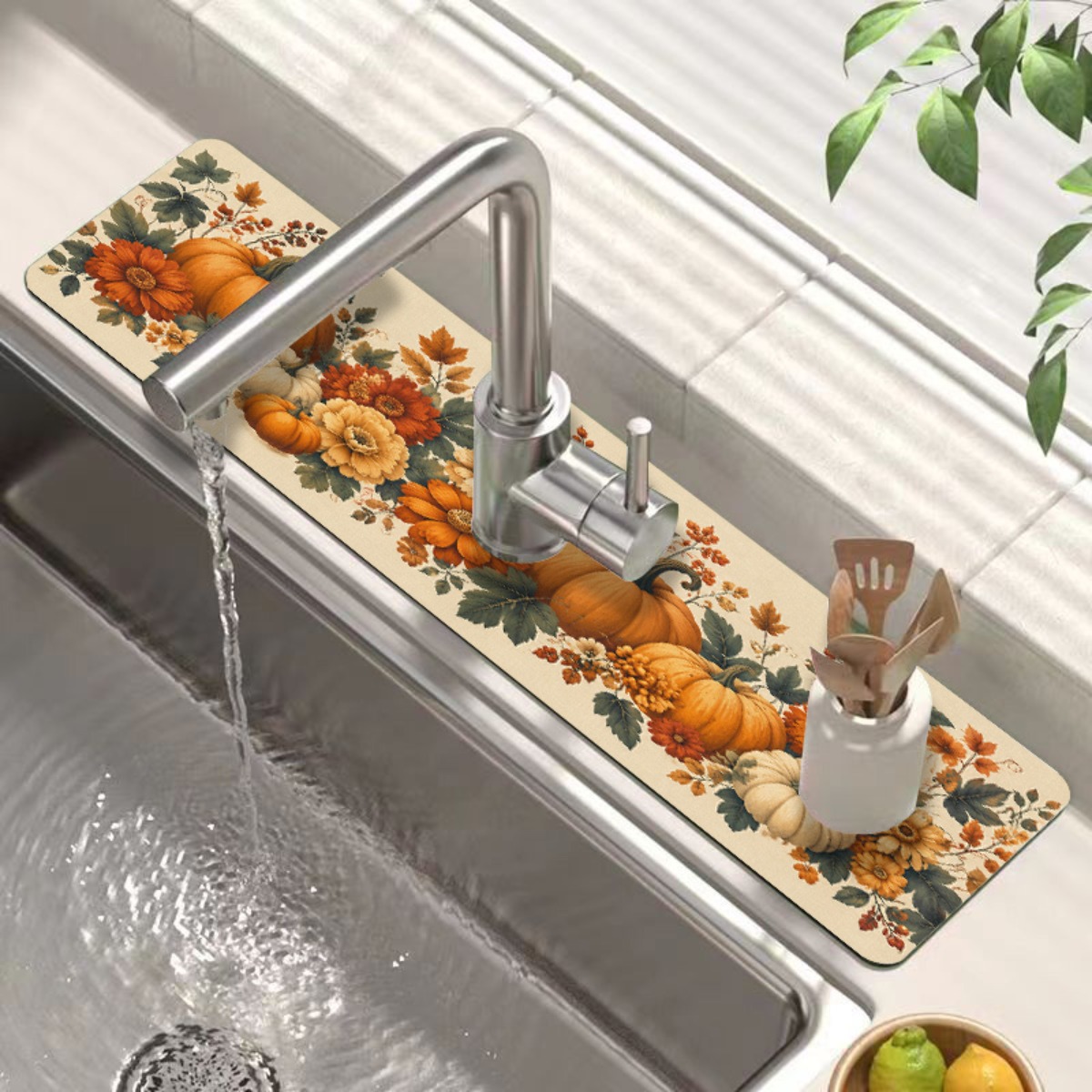 TEMU 1 Tapis de robinet à motif de citrouille, feuille et fleur d'automne, tapis d'égouttage de vaisselle, tapis absorbant, convient pour lavabo de