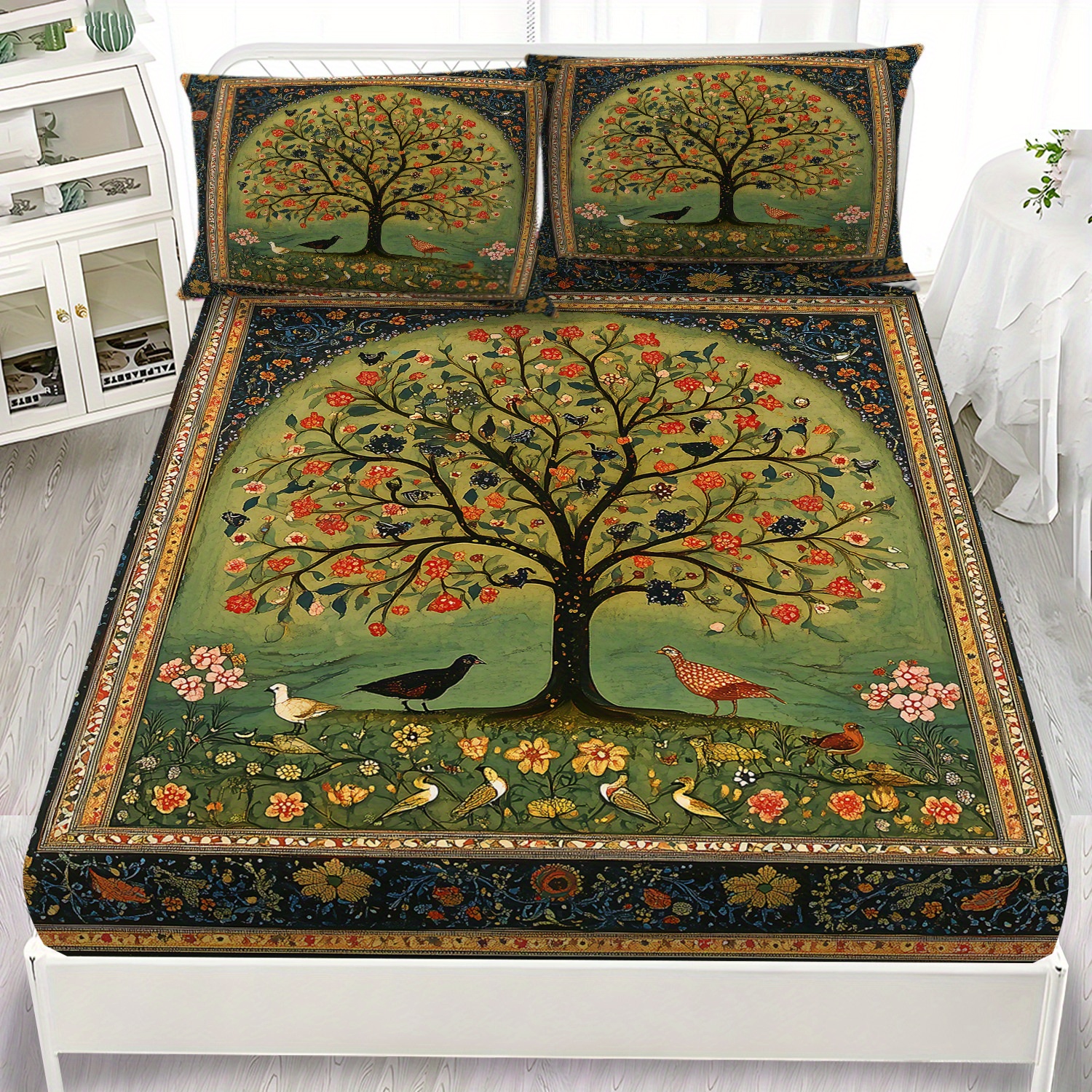 Latacaca 3pcs Exquisite Tree Fitted Sheet Set, 1 Fitted Sheet + 2 Pillowcases, Embellished With A Tree And Diverse Birds And Flowers, Soft And Machine Washable