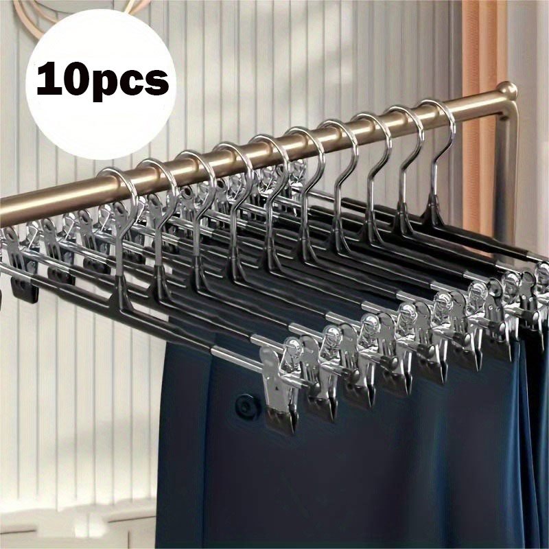 TEMU 10pcs Stainless Steel Hangers With Slidable Clips, Non Slip Space Saving Closet Hangers For Pants, Skirts All Garments