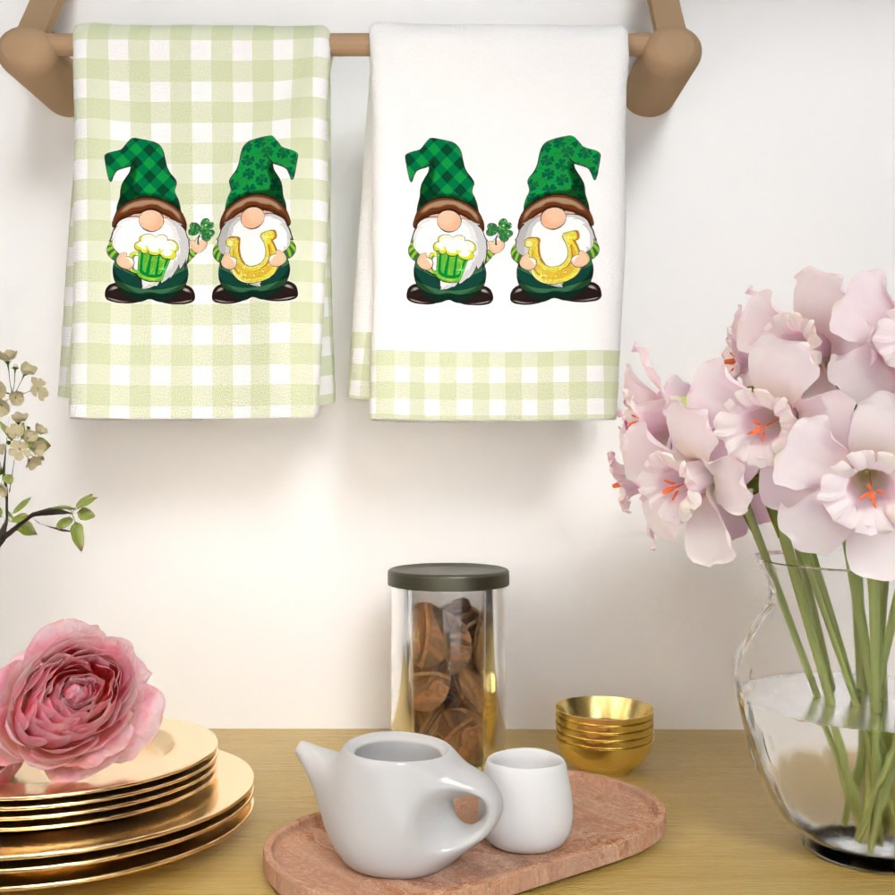 2pcs whimsical gnome   s day kitchen towels - 45.72x66.04cm soft,   &   absorbent polyester, decorative tea towels with green checkered background for   decor details 3