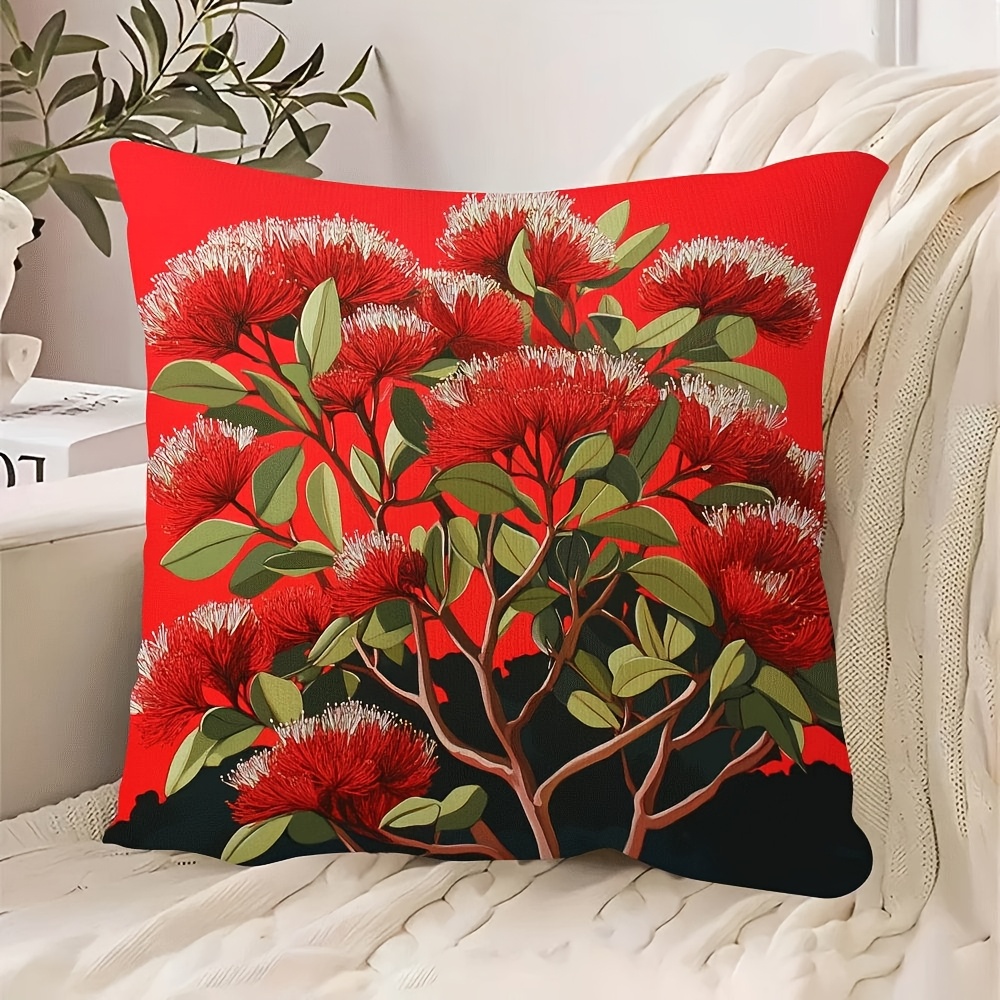 TEMU 2d Printed New Zealand Floral Decorative Cushion | Red And Green Floral Square Pillow With Zipper Closure, Suitable For Sofa, Bed, Chair, Living