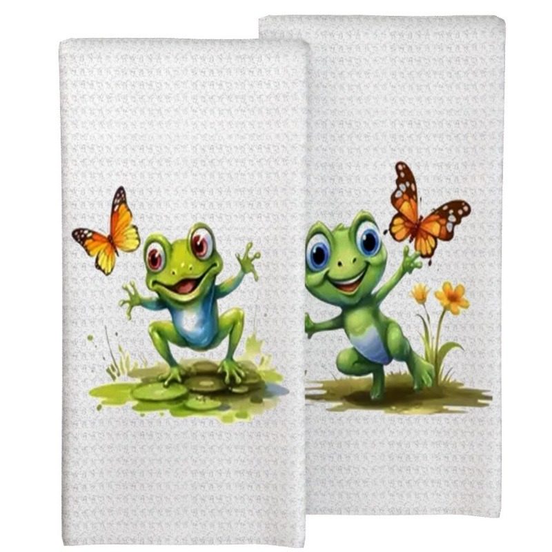 TEMU 2pcs Whimsical Frog & Kitchen Towels, 18x26 Inch - Ultra Soft, Absorbent Polyester, Vibrant Cartoon Design, Machine Washable For Home , Kitchen Towels Hand Towels