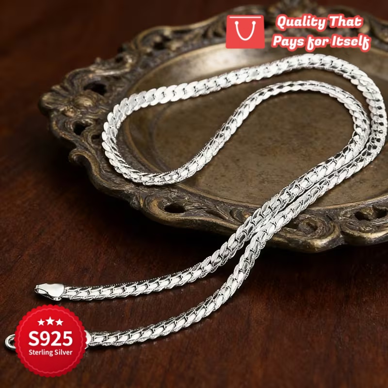 925 Silver Embossed Cuban Chain Necklace, Handmade Design