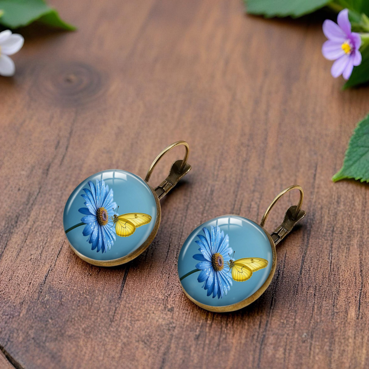 Blue Daisy & Yellow Butterfly Glass Dome Dangle Earrings