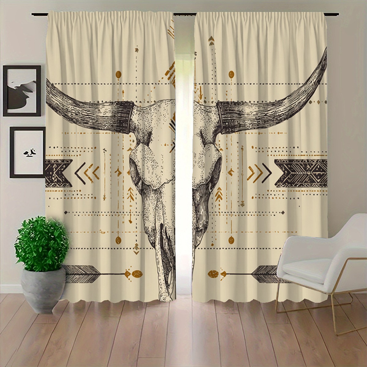 TEMU 2d Flat, 2d Printed Curtains, 2pcs Design With Tribal Arrows And Geometric Patterns, Vintage Neutral Color, Living Room, Bedroom, Patio, Outdoor