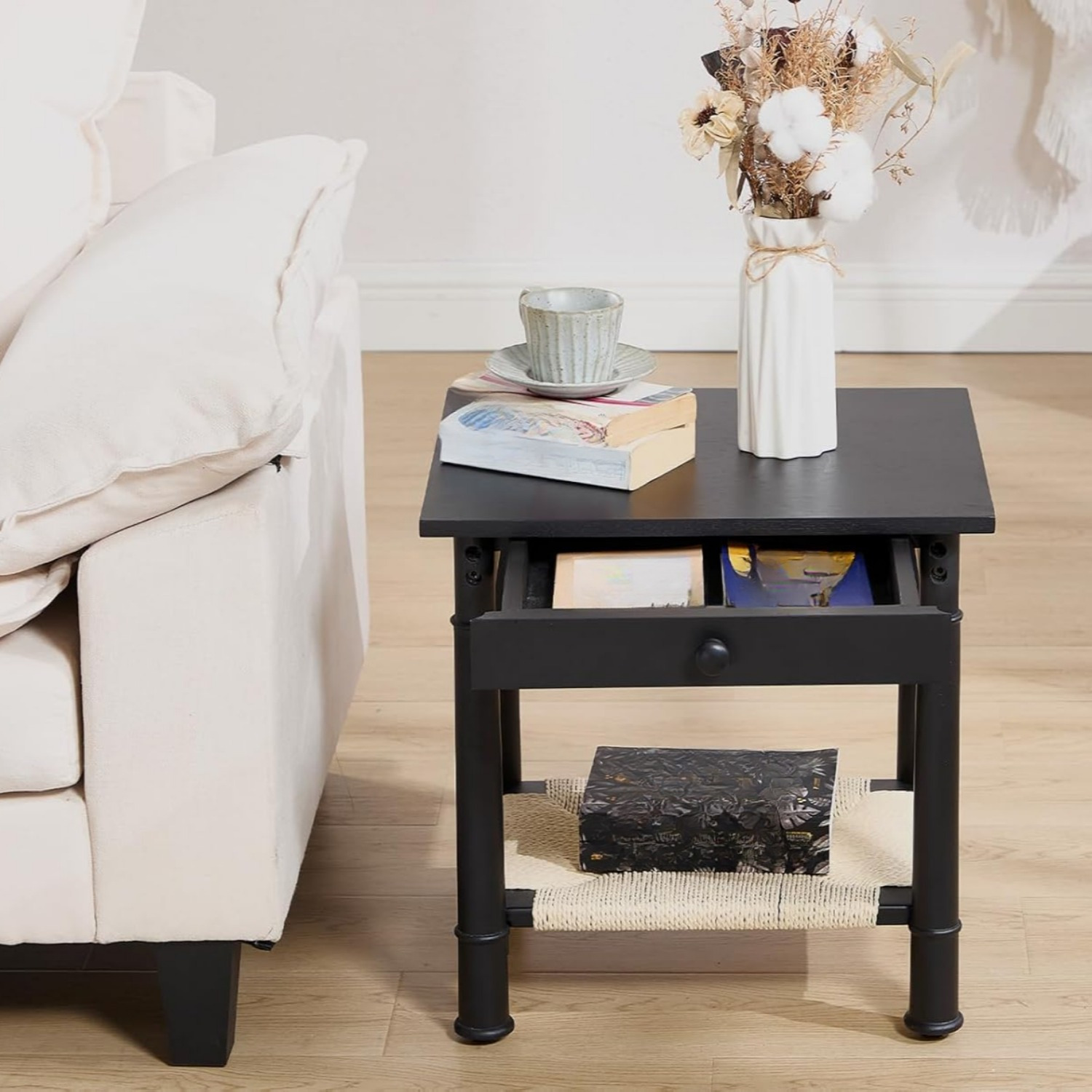 1pc 18 Inches Classical Square Side Table with Drawer 2-Tier End Table with Open Rattan Storage Shelf Solid Wood Sofa Table for Small Space, Living Room, Bedroom, Natural/ Black