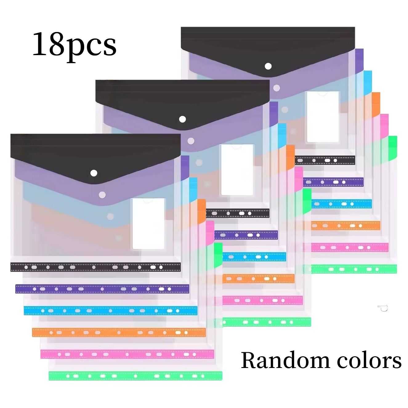 18pcs Colorful Expanding Binder Sleeves – Clear Document Pouches With Snap Button, Works With 2/3/4-ring Binders,…: retailer-supplied image