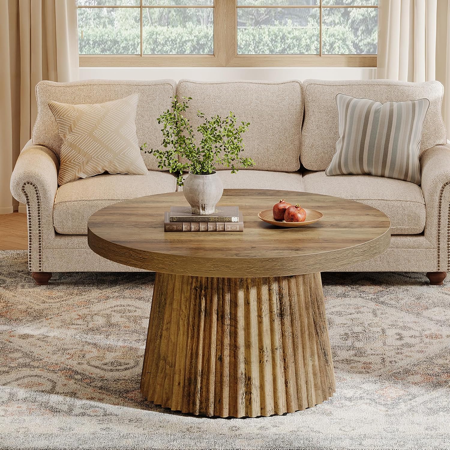 Contemporary 80 Cm Round Coffee Table Featuring A Ribbed Drum Base And A Wood-like End, Ideal For Minimalist Living Rooms, Apartments, And Compact Areas - In Brown