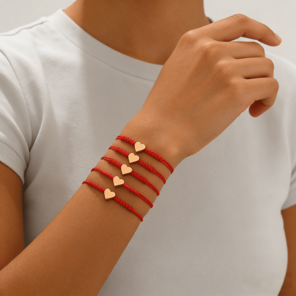 5pc Red Braided Heart Adjustable Friendship Bracelet Set