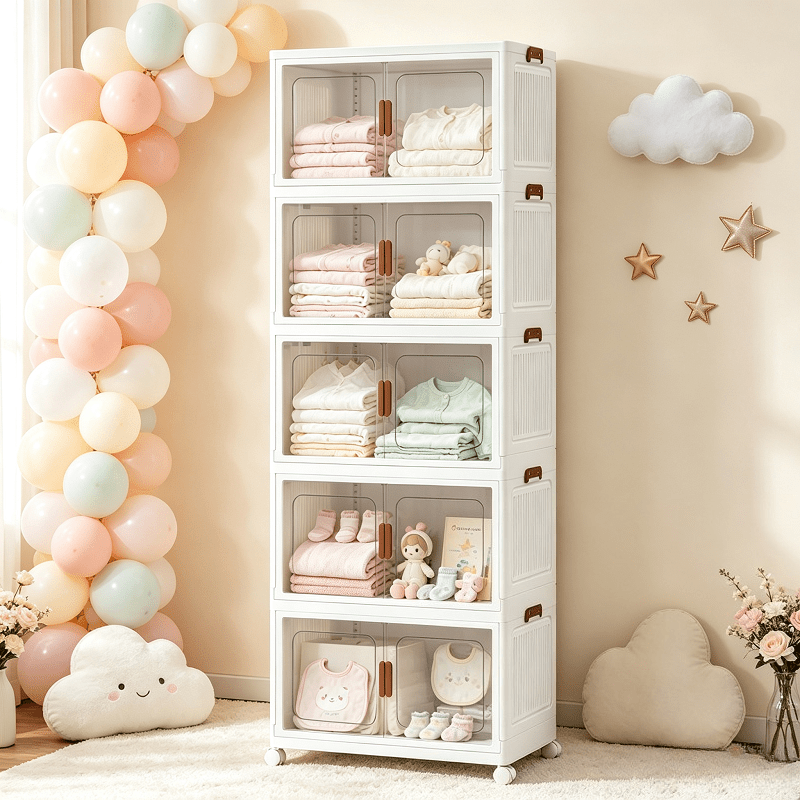 Cream Style Folding Storage Cabinet With Universal Wheels, Household Clothing Storage Cabinet, Transparent Dust-proof And Storage Box, And Supplies, Nursery Storage, Suitable For Nursery And Rooms
