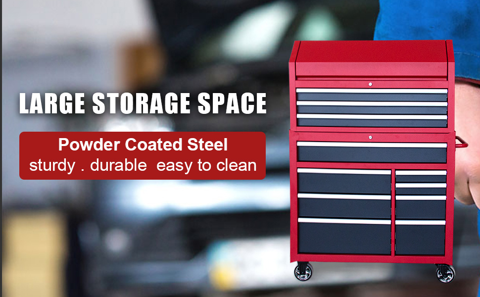 w x 24 5   heavy duty rolling tool chests and cabinets combo 20 gauge steel 11 drawer garage workshop tool chest and   cabinet set 11 drawers red black Product details 0