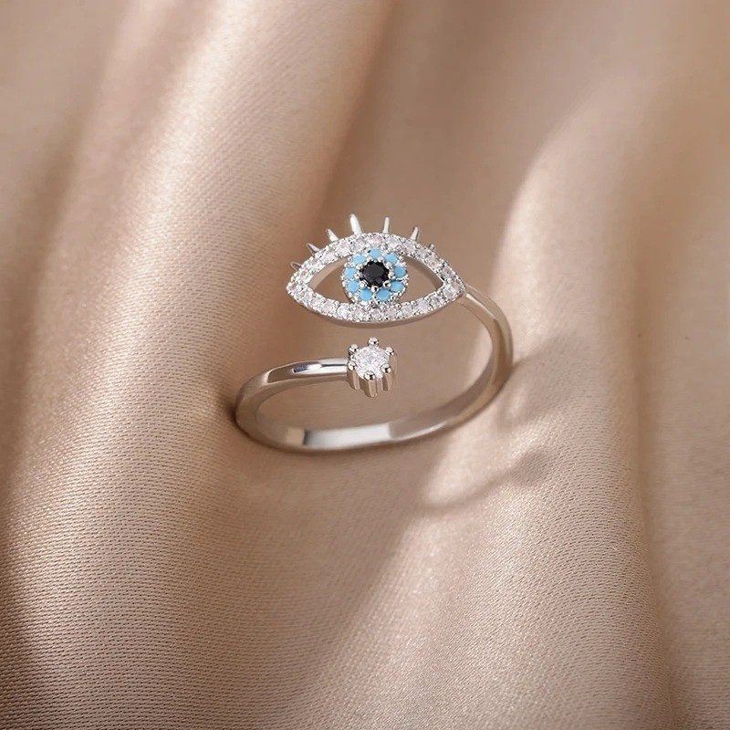 TEMU 1pc Copper-set Sparkling Cubic Synthetic Zirconia Open Adjustable Evil Eye Ring For Women, Vintage Minimalist Style, Set With Cubic Synthetic