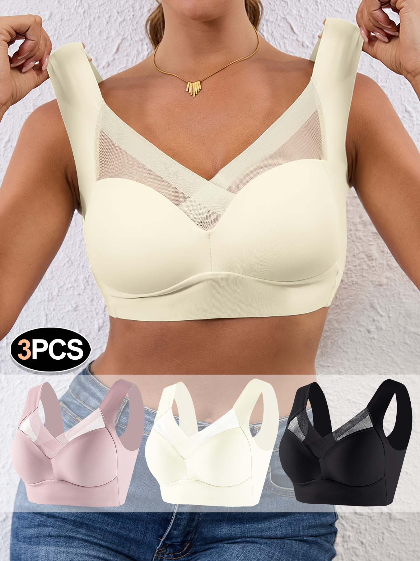 item picture 3pcs womens bra set wire free mesh panels solid color molded cups polyurethane elegant high   anti slip cups for yoga and running