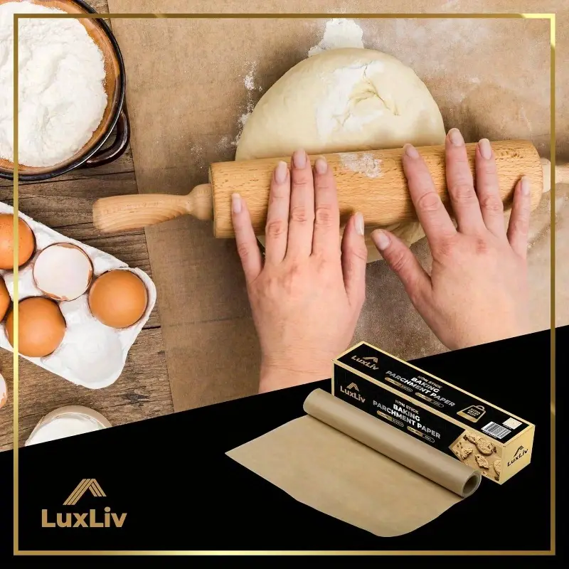 1 roll extra long 164ft/50m - heavy-duty thick greaseproof baking paper - beige to brown parchment sheets for oven, sourdough, pastries, - compatible with - ideal for home & professional kitchens - unbleached, wax coated, 11.8 inches wide (30cm) - bread, pizza, pie, tart - easy - durable & safe for freezing - luxuly brand Product details 7