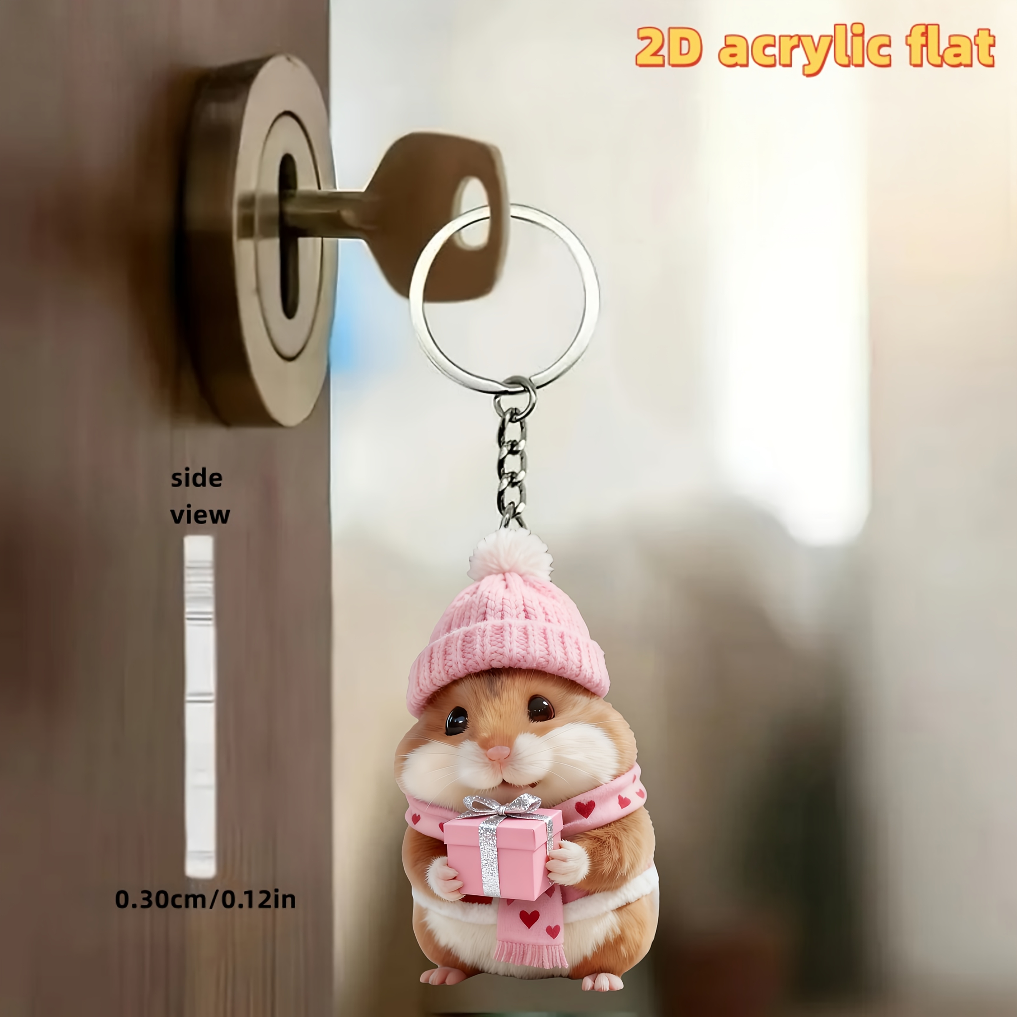 TEMU 2d Flat - 2d Acrylic Keychain Of Hamster Wearing Pink Hat Holding Gift Box- 2d Waterproof Design With Peelable Protective Film, Stylish Animal