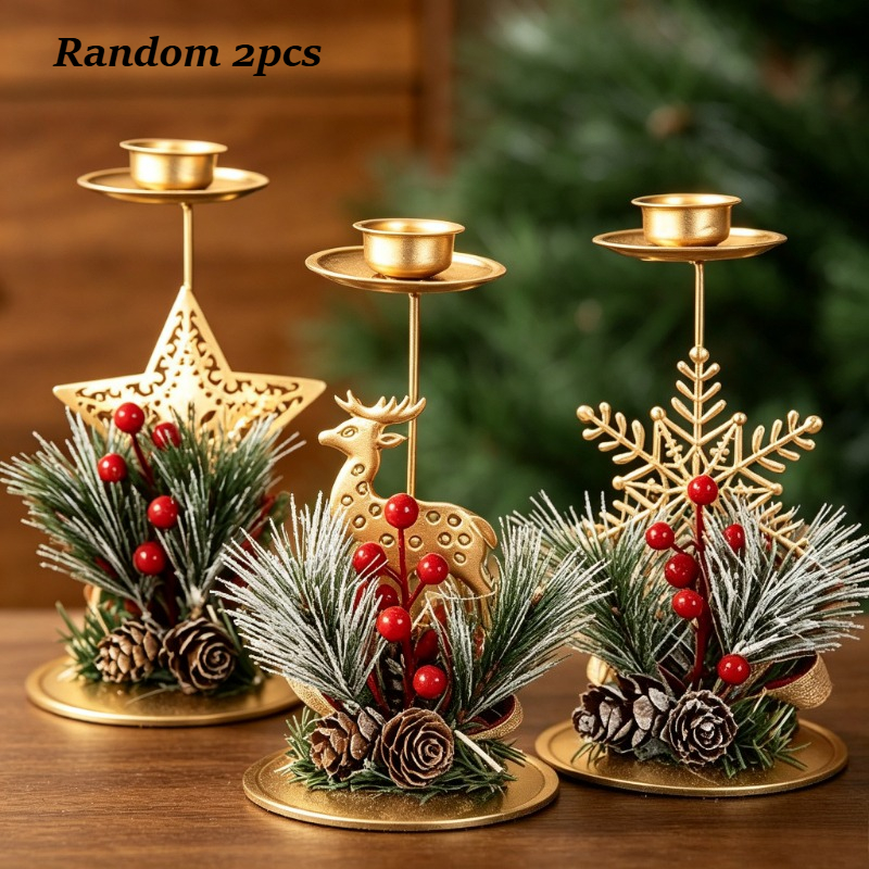 TEMU Random 2pcs Christmas Desktop Candle Holder Ornament, Golden Metal Star, Reindeer, Snowflake Tea Light Holder With Flocked Pine Needles, Red