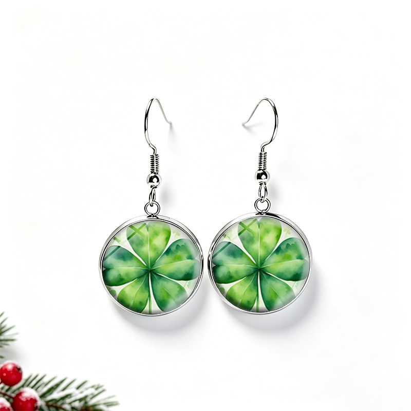 Watercolor Four-Leaf Clover Round Glass Cabochon Dangle Earrings