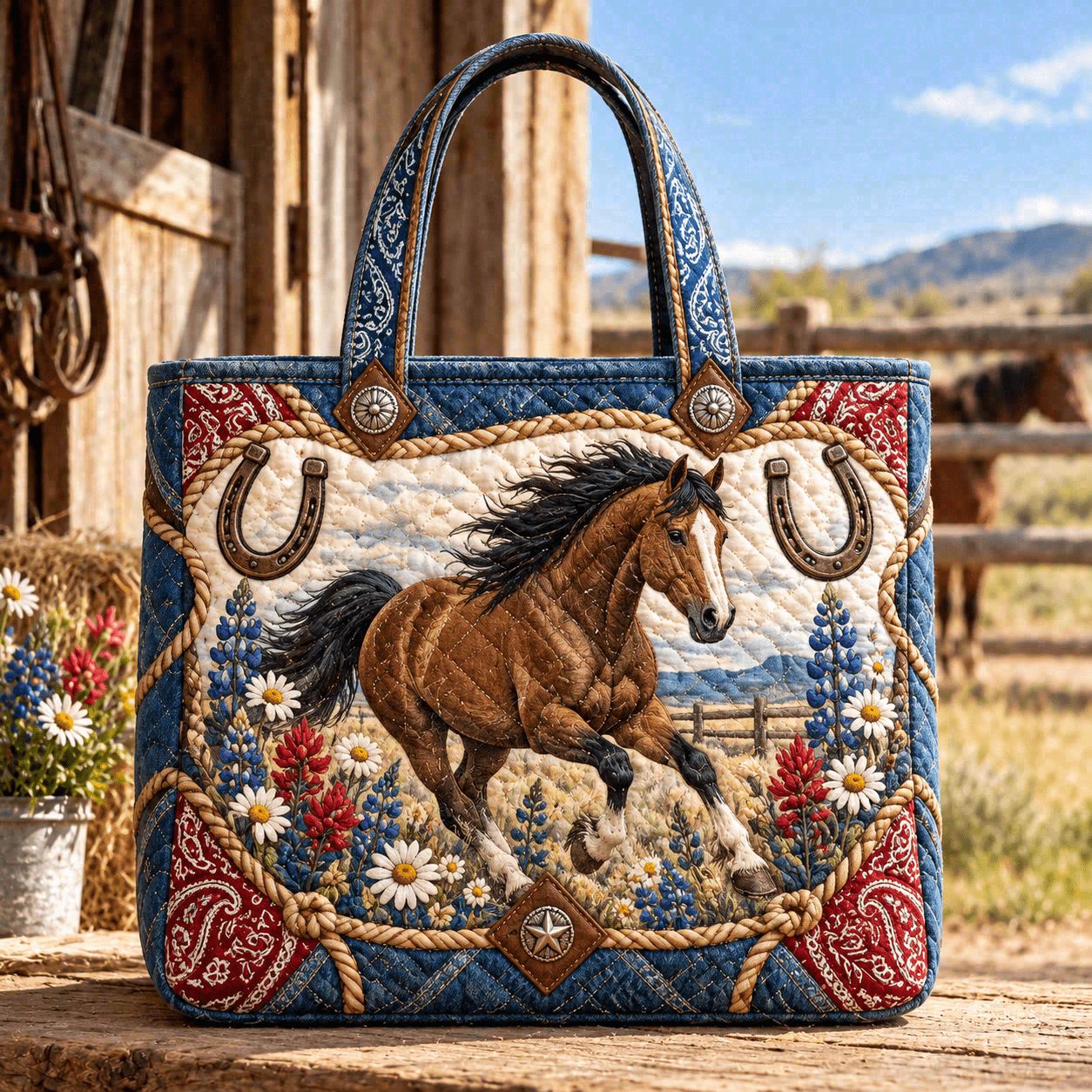 TEMU Quilted Tote Bag For Women, Running Horse Mountain Western Print, Landscape Style, Large Capacity Fabric Tote Bag For Shopping, Travel, Work,