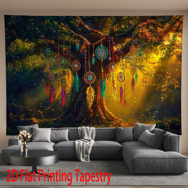 Boho Dreamcatcher Tree Tapestry Fantasy Forest Wall Hanging Decor_voghion.com