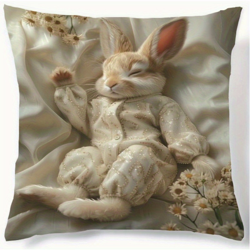 

1pc Adorable Easter Decorative Pillow Cover - Cozy Polyester 18x18in With Zipper Closure, Pattern Room, Bedroom, Sofa, Dorm & Car - Hand Washable, Perfect Gift & Home Accent, Rabbit Decor