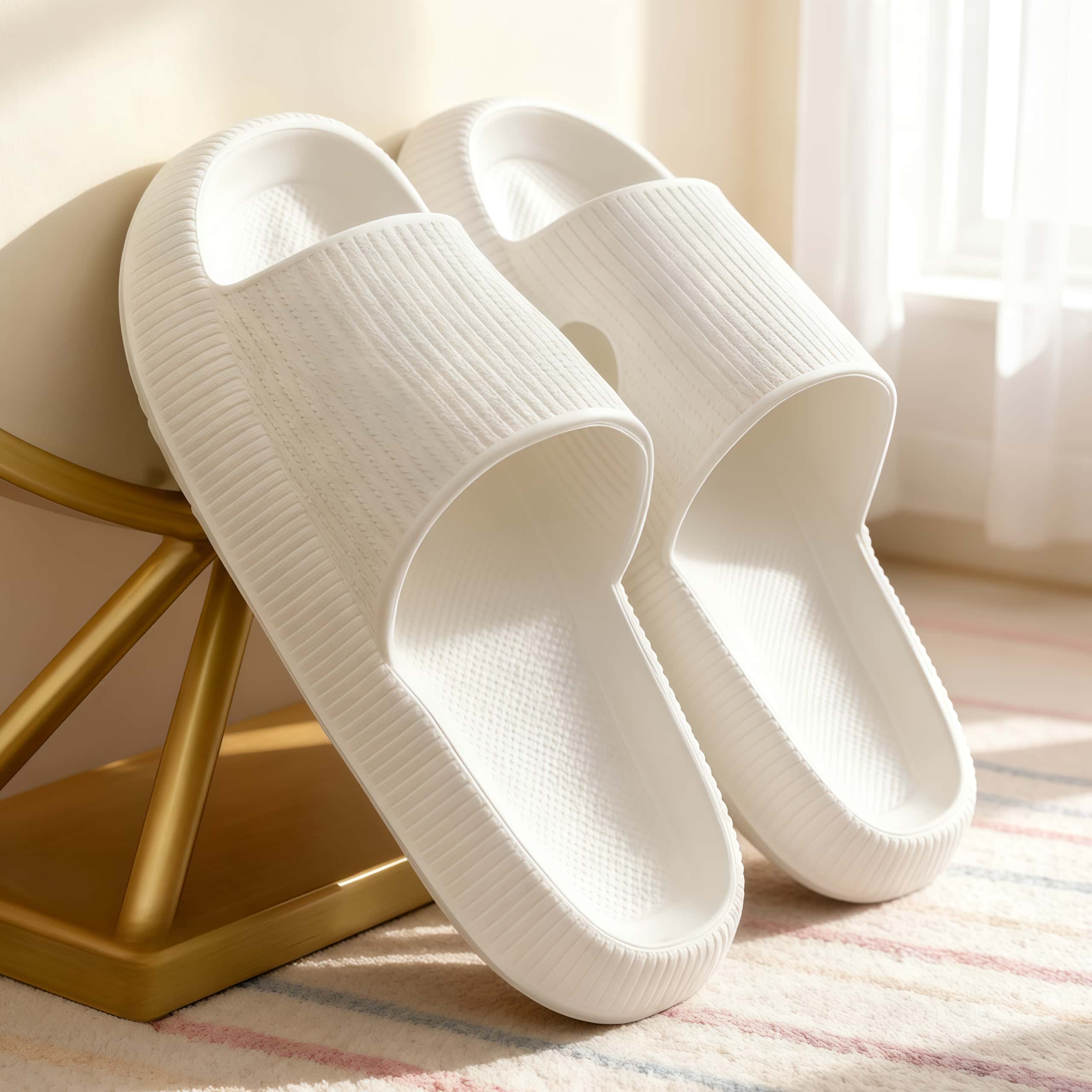Image of Ins Korean Style Easy Full Body Pinstripe Textured Thick-soled Slippers, 3d Vertical Ribbed Quick-dry One-wash-clean, Men Women Student Dormitory Rental House Macaron Low- Solid Color Easy Slippers