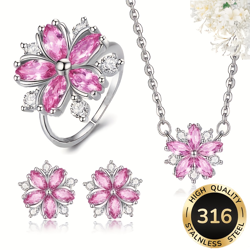 TEMU 4pcs Set Of Cherry Pink Non-fading Pendant Necklace, Earrings And Ring Set. High-quality Steel Jewelry. Versatile Women's Fashion Accessory Set.