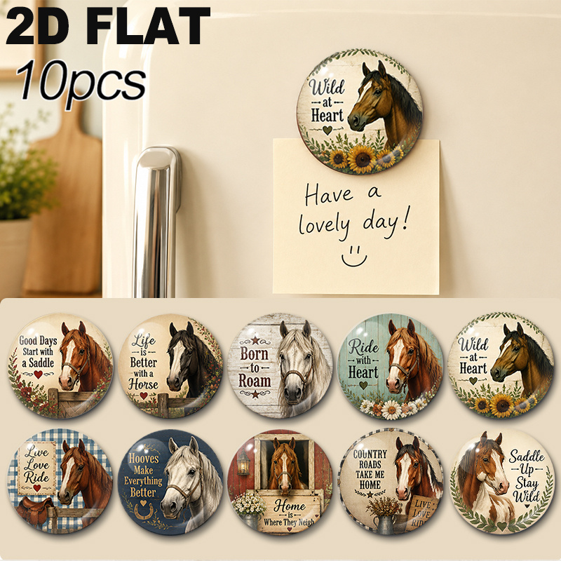 TEMU 2d Flat 10pcs Glass Refrigerator Magnets With Rustic Country Equestrian Horse Quotes For Home Fridge, Kitchen, Bedroom Decor & Horse Lover Gifts