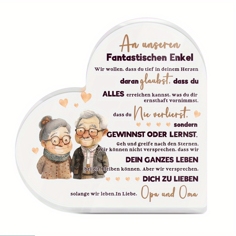 Image of 2d Flat, 2d Flat Putuo Decor 1pc German Heart-shaped Acrylic Sign Table Decor, "to Our Grandson , ," Desktop Decoration For Home Room, Gift For Grandson, 2d Flat