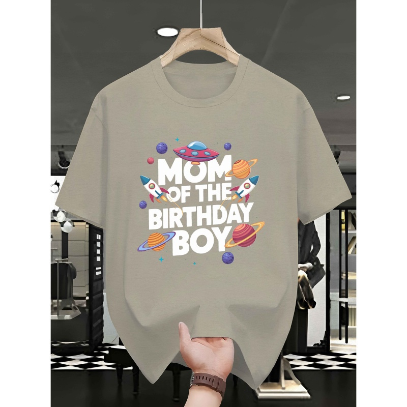 

1pc Mom Of The Birthday Boy Graphic Tee - Casual Summer Short Sleeve T-shirt For Men, Polyester Knit, Round Neck, Regular Fit, Geometric Print