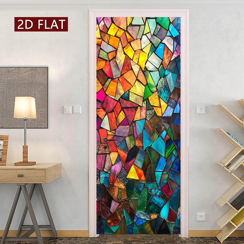 2d flat 1pc   2 sheets of colorful mosaic door stickers geometric patterns self   door mural vibrant glass door sticker printing wall decor modern peel and stick murals door sticker decorative posters   used for decorating