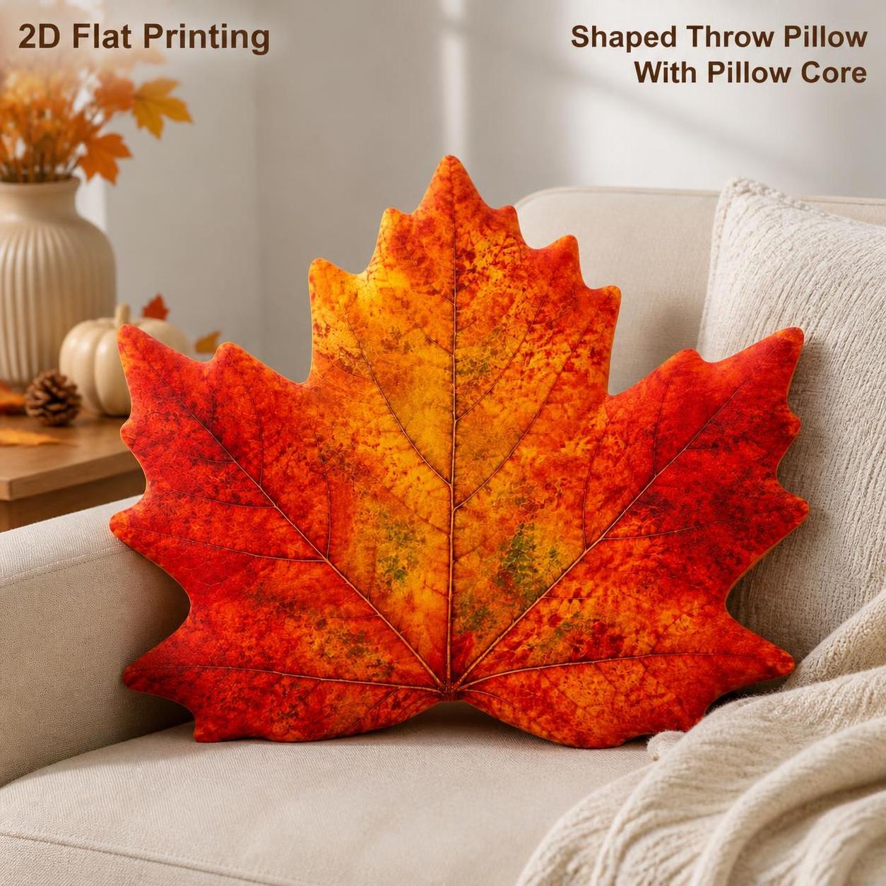 TEMU Coussin décoratif de feuille d'érable d'automne, impression 2D à plat, et orange, décoration d'automne pour canapé, pour de , cadeau de