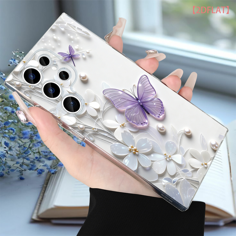 TEMU Phone Case - 2d Flat Phone Case Purple White Flower Pattern Compatible With Galaxy S26 S25 S24 S23 S22 S21 S20 Fe A55 A54 A53 A52 A34 A25 A14,