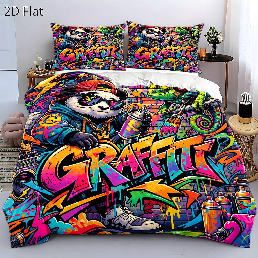 TEMU 3pcs Trendy Cool Graffiti Style Duvet Cover Set, Bedding (1 Duvet Cover   2 Pillowcases), Suitable For , Machine Washable, Double Bed Cover With