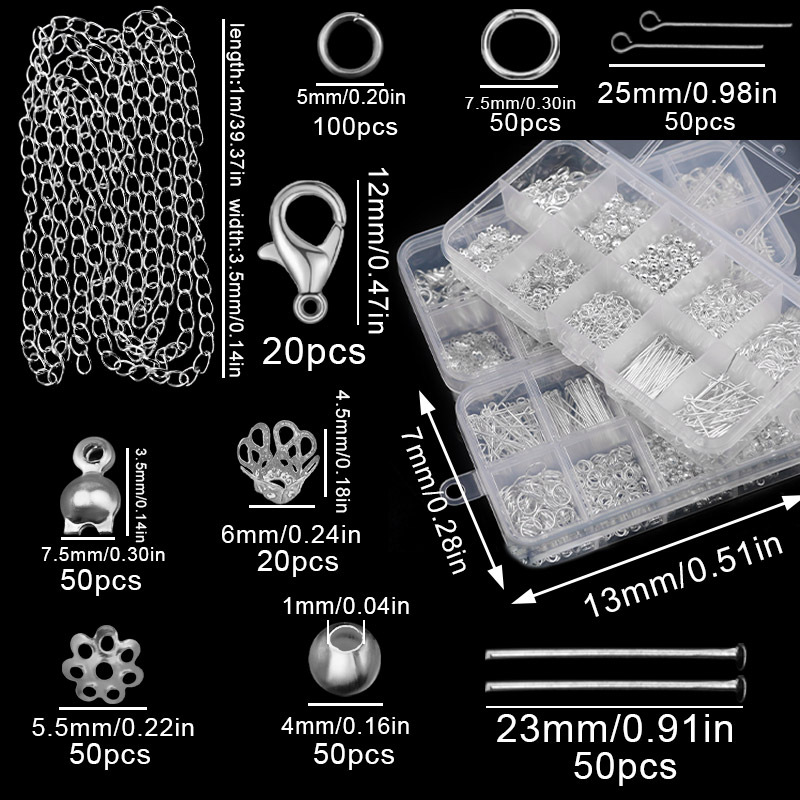 TEMU 1 Boîte de Kit de Fabrication de Bijoux en Alliage de Argenté, Comprend Fermoirs à Glousse, Anneaux , Anneaux Simples, Montures à Rivet, Perles