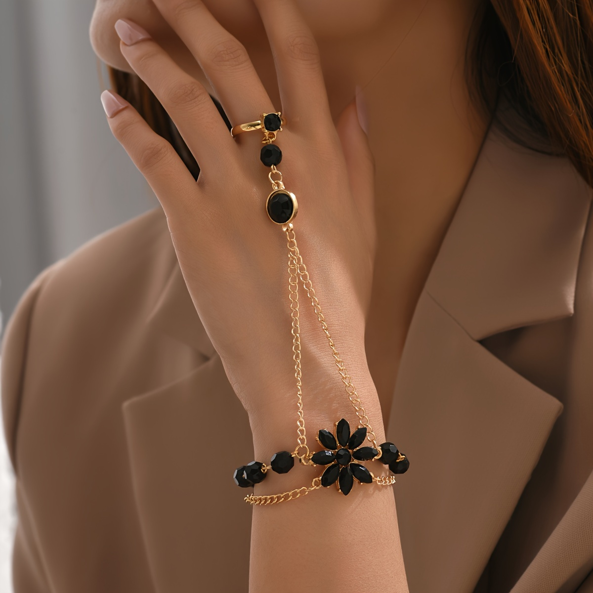 Pulseira Anel de Dedo de Flor Ajustável Joias de Mão  3