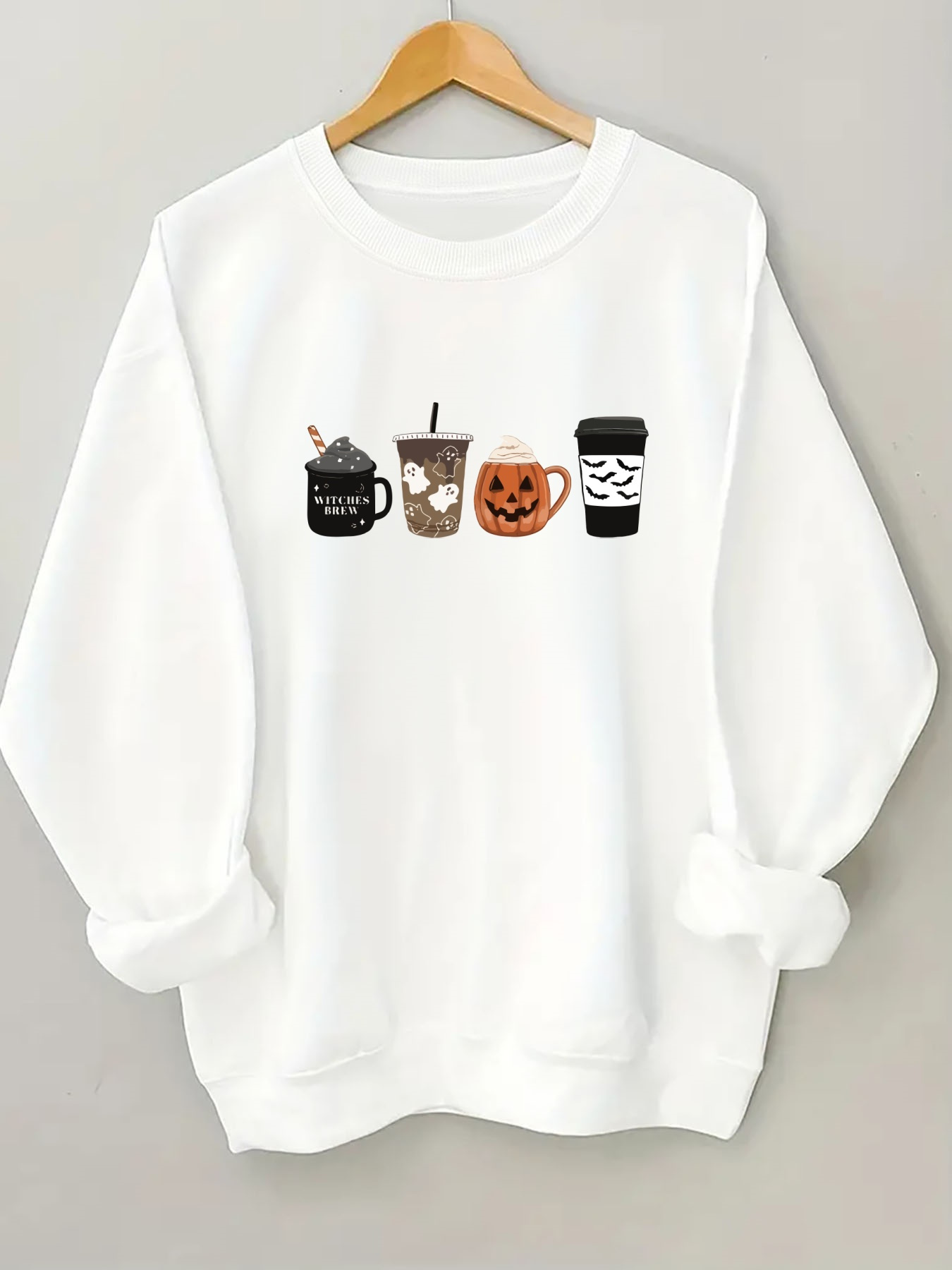 blusa de halloween feminina - moletom com   e    ,      , latte de  ,   cold brew & jack-o-lantern - roupa lavável à máquina para festas de outono - vestuário casual, roupas de festa, design divertido, material confortável, construção durável, traje  , roupa  , top festivo