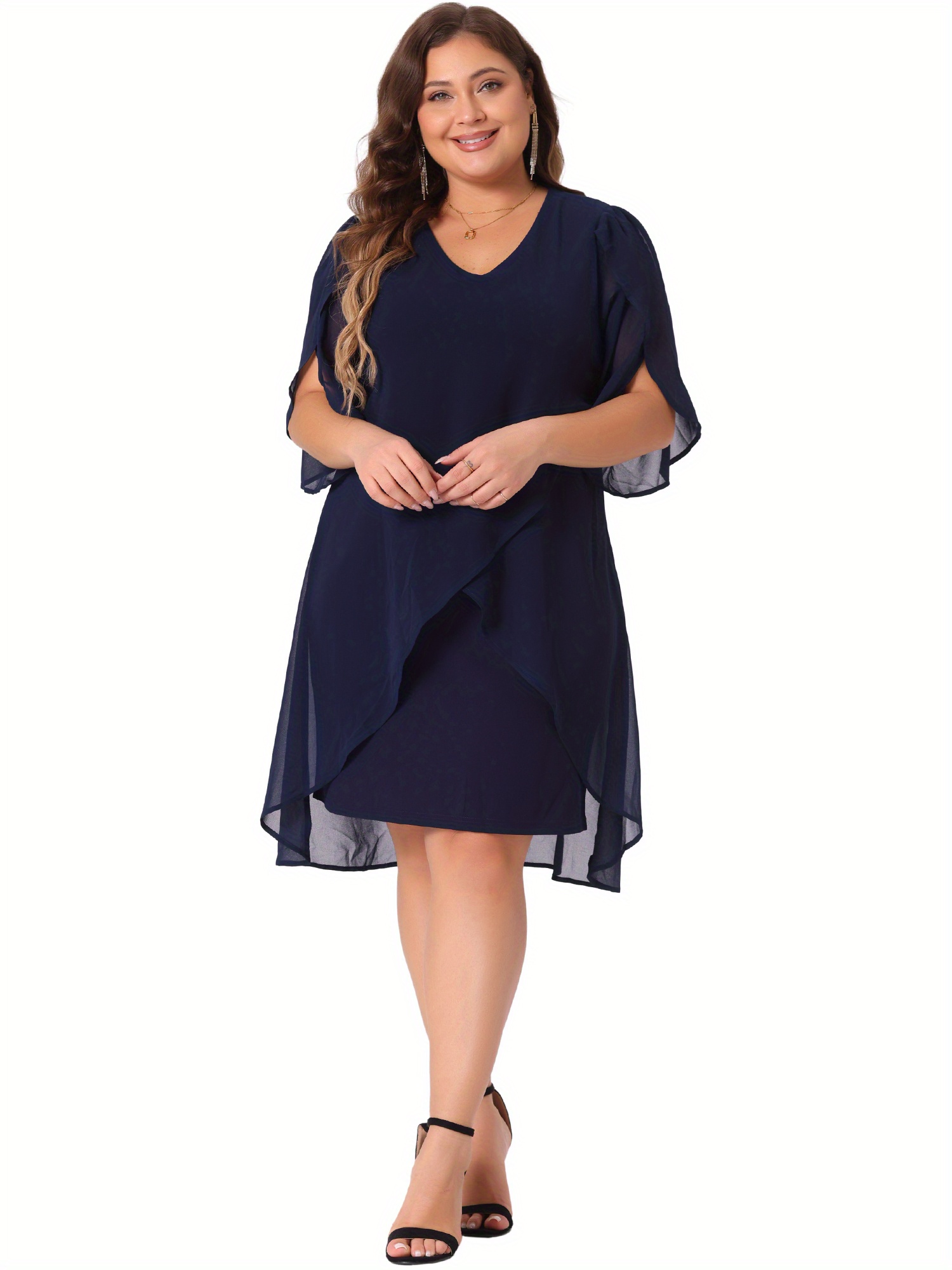 Plus Size, Plus Size Chiffon Cocktail Dresses for Women Mesh 2024 Wedding  Guest Party Overlay Short Dress