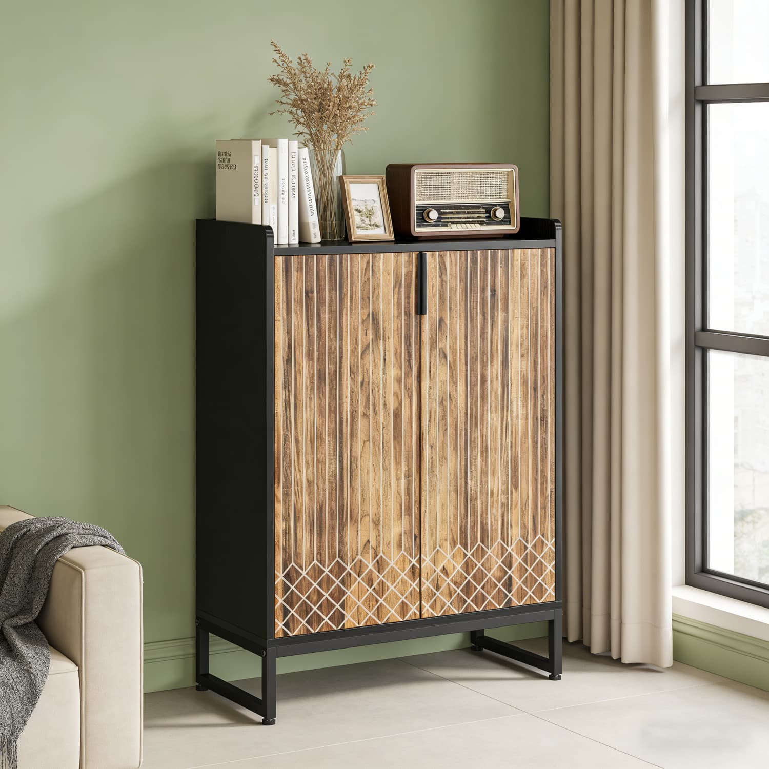 Image of Modern Shoe Storage Unit With Doors, Of Holding 25 Pairs, Designed For , Living Rooms, Bedrooms, And , In Black And Brown