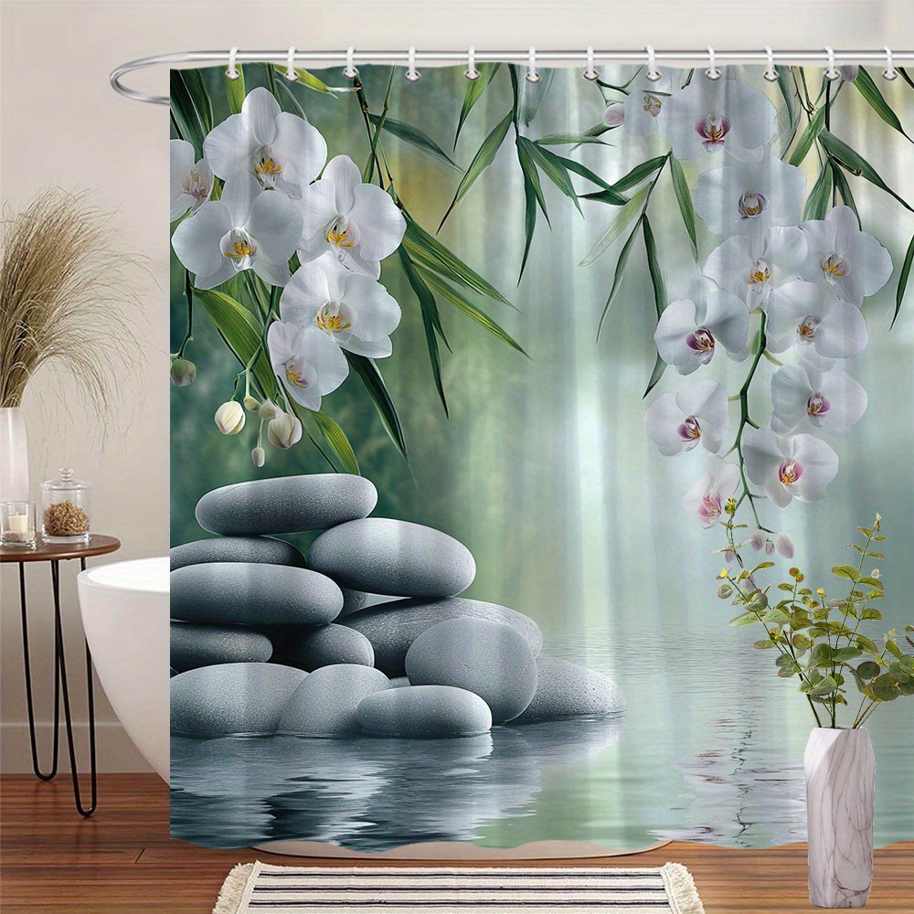 TEMU 1 rideau de douche sur le thème du zen avec des orchidées et des galets, mettant en valeur une réflexion d' avec des pierres grises et des , sur
